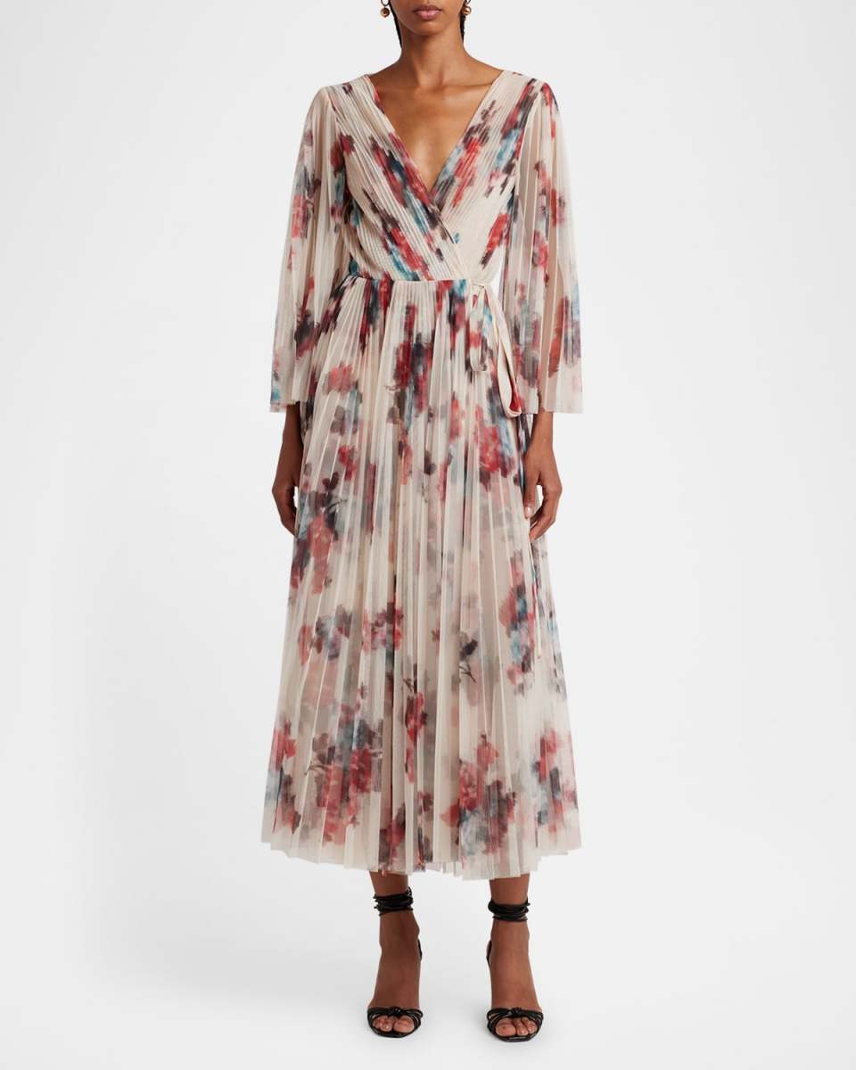 Blur Floral-Print Pleated Midi Wrap Dress